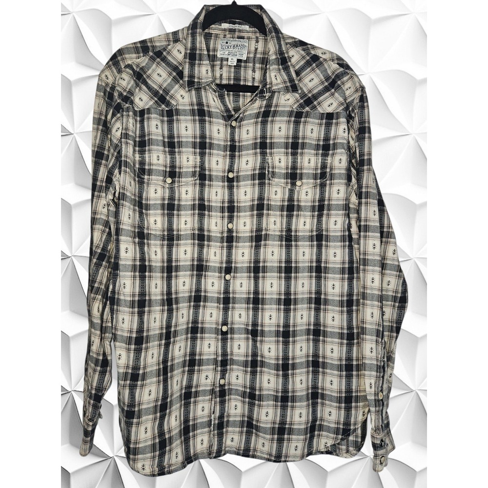 Lucky Brand Mens XL Classic Fit Plaid Western Pearl Snap Shirt Bull Head Snaps